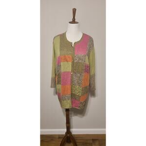 Sigrid Olsen Sport Green Pink Beaded Linen Blend Knit Cardigan Boho Plus Size 3X